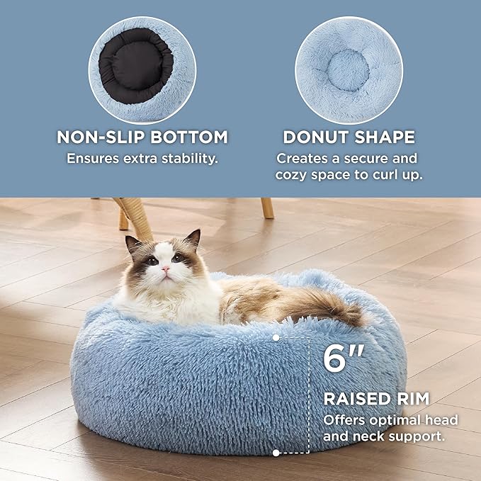 Bedsure Calming Cat Beds for Indoor Cats - Small Washable Round Cat Bed, Anti-Slip Fluffy Plush Faux Fur Pet Bed, Fits up to 15 lbs Pets,Light Blue, 20 inches
