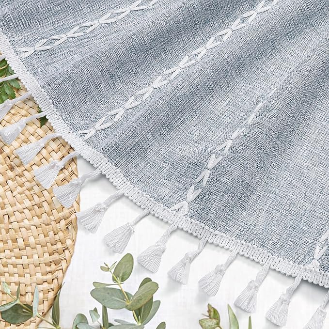 MitoVilla Boho Long Shower Curtain 72 x 78, Blue Farmhouse 78 inch Long Polyester Linen Fabric Shower Curtains with Tassel for Chic Cottagecore French Rustic Bathroom Decor