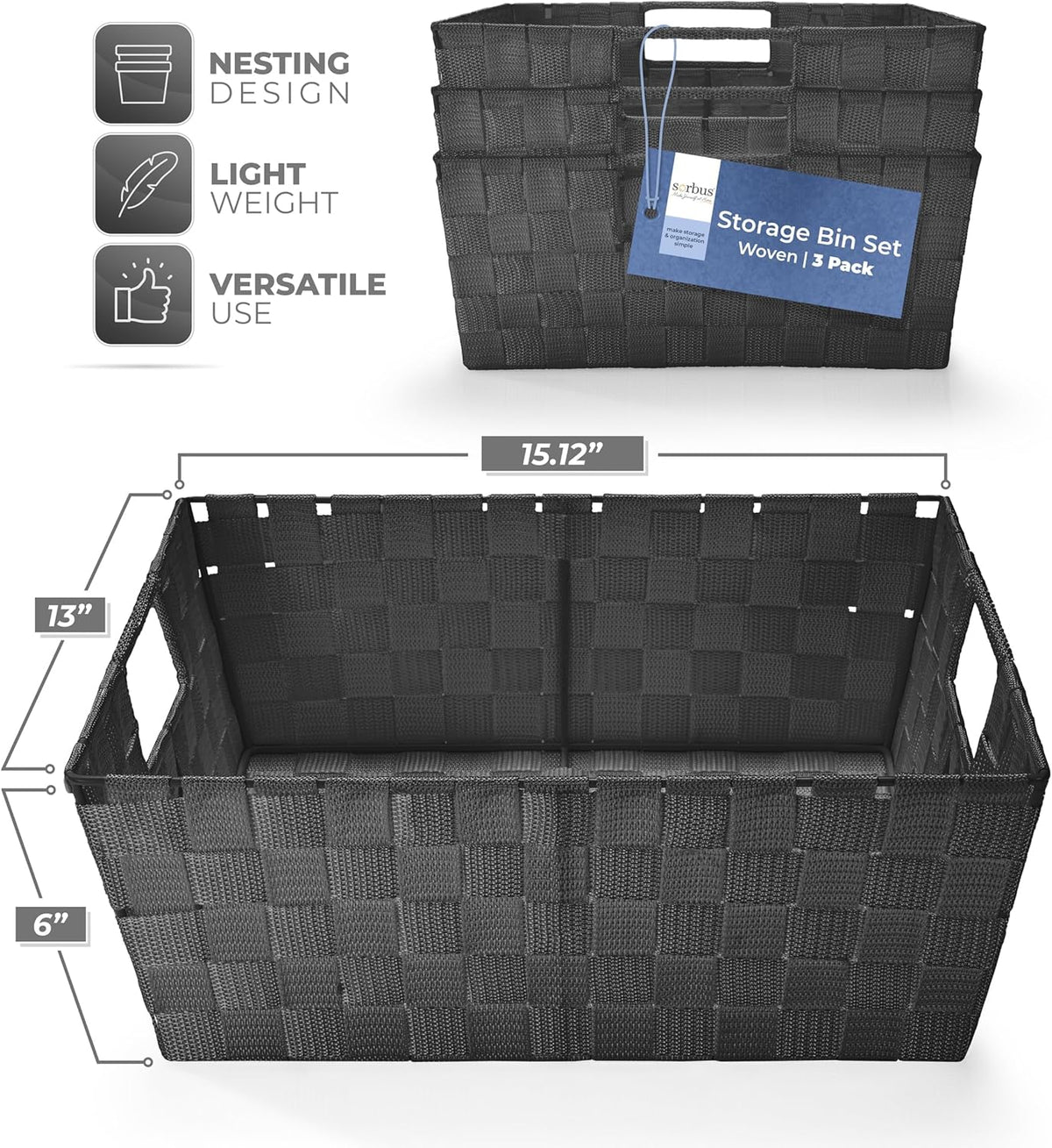 Sorbus Set of 3 Large Woven Storage Baskets – Mesh Hand-Woven Baskets for Organizing, Fabric Storage Bins for Linen Closet Organizer, Storage Baskets for Shelves and Home Organization (Black)