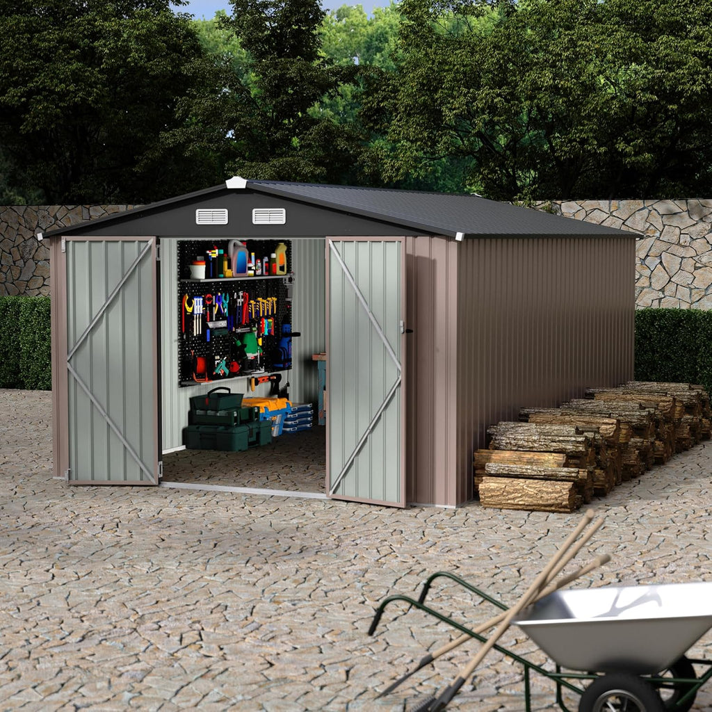 10x14 FT Metal Storage Sheds Outdoor, Metal ToolShed with Lockable Door, Metals Yard Sheds Metals Garden Shed Kit, MetalUtility Sheds Buildings with Air Vent for Backyard Garden Patio Lawn