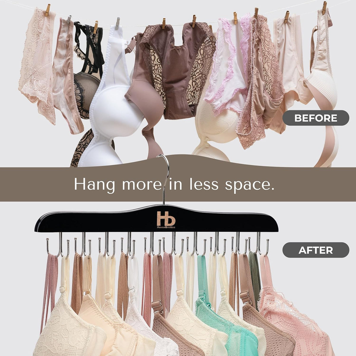 Large Bra Hanger and Bra Organizer for Closet – Tank Top Hanger Space Saving for House, Dorm, Apartment - Foldable Wooden for Closet Organizer– with 20 Hook - Lotus Wood, Black, 1 Pack