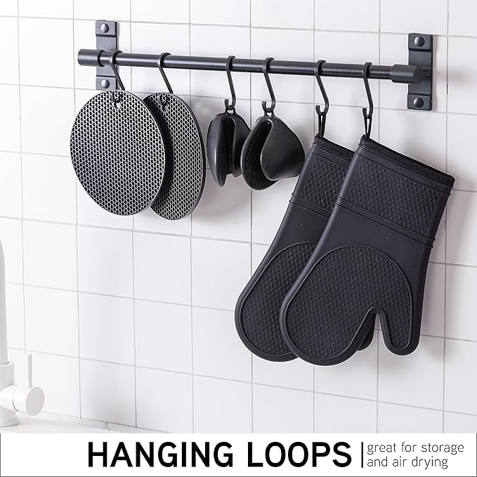 COOK WITH COLOR Silicone Oven Mitts- Heat Resistant Gloves with Soft Quilted Lining Oven Mitt Pot Holders for Cooking and BBQ, Black, Mitt Set