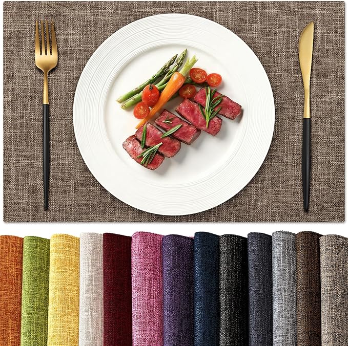 KXN Placemats Set of 8, Dual-Layer Thickened Faux Linen Table Mats, Heat Resistant & Wrinkle-Free, Machine Washable Cloth Place Mats for Kitchen Dining Indoor Outdoor (Burlap)
