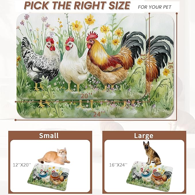Chicken Rooster Dog Food Mat for Floors,Farm FlowerAbsorbent Pet Food and Water Bowl Mats,Non-Slip Pet Feeding Mat,Pet Supplies 12" x 20"