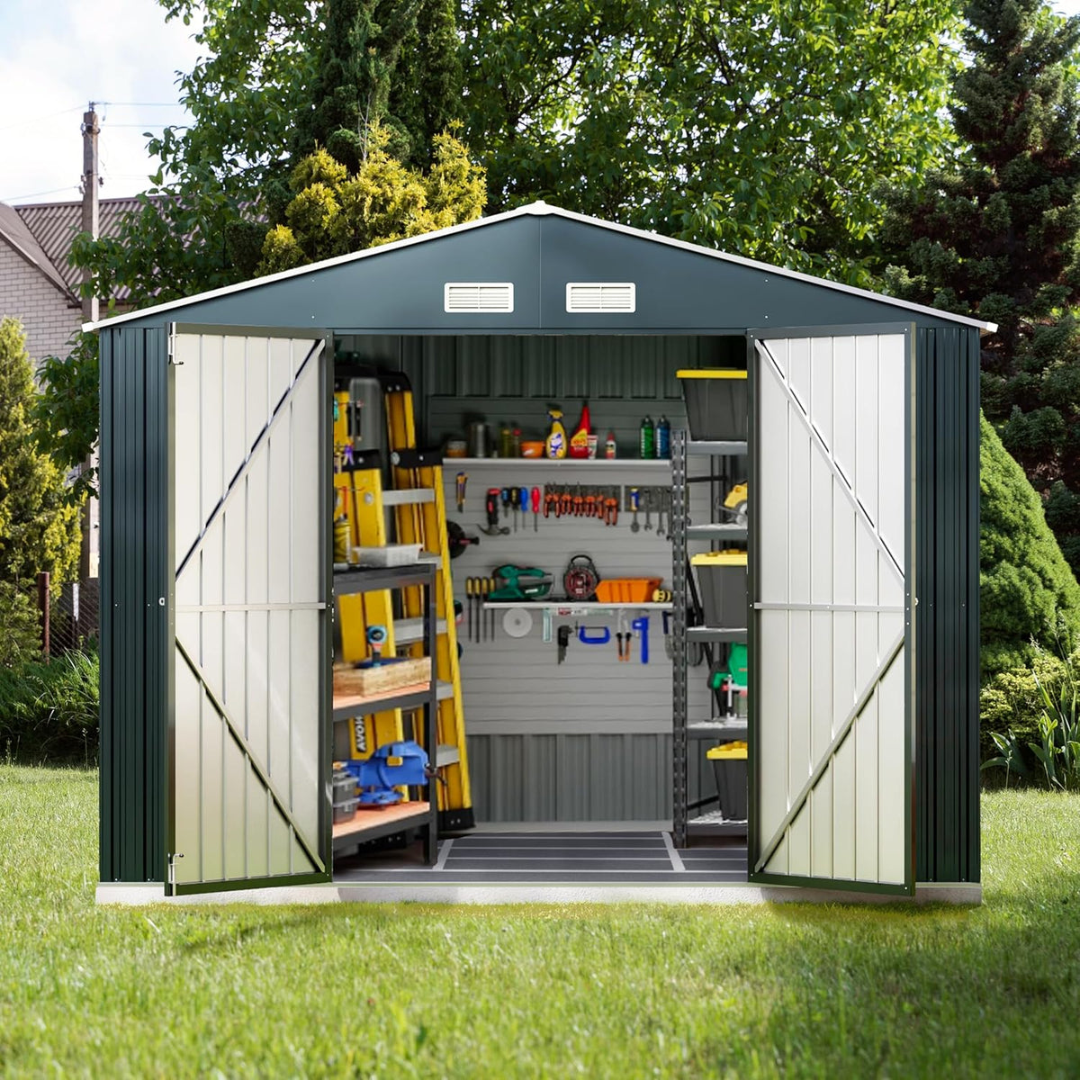 Breezz Outdoor Storage Shed 10X10FT. Utility Tool Shed Metal Storage Garden Shed with Lockable Doors, Windows & Metal Frame Floor for Patio Storage, Nightblue