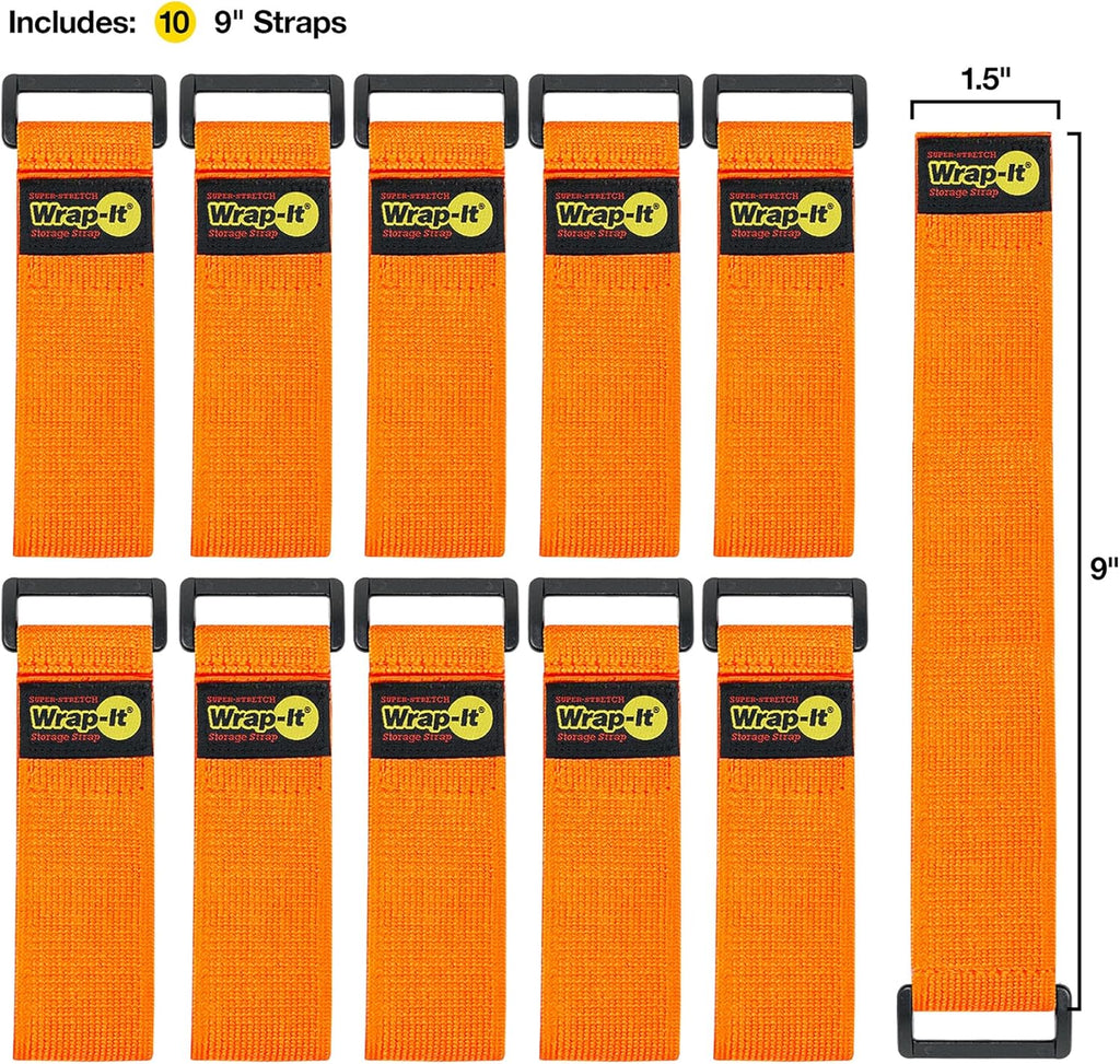 Super-Stretch Wrap-It Storage Straps - (10) 9" Orange - Elastic Hook and Loop Cinch Straps - Extension Cord Organizer, Hose and Cables Straps, Cord Wrap, Cord Keeper, Garage and RV Storage Accessories