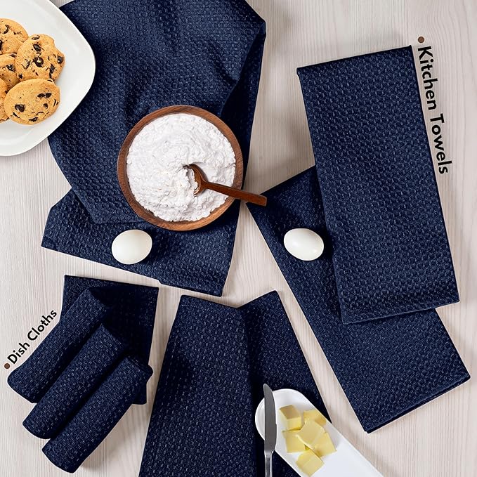 Native Fab 8 Piece Towel & Dish Cloth Set - 100% Cotton, Absorbent, Quick Drying, Durable Towels for Cleaning, Cooking, Baking - Great for Home, Kitchen, Bars & Everyday Use - Navy Blue