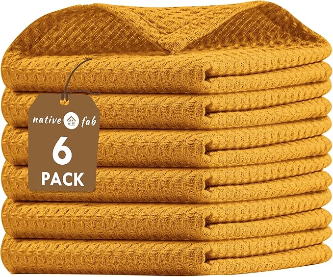 Native Fab 6 Pack Waffle Dish Cloths - 100% Cotton, Soft, Absorbent & Quick Drying Towels for Cleaning, Cooking & Baking - Great for Home, Restaurants, Cafes, Bars - Mustard Yellow
