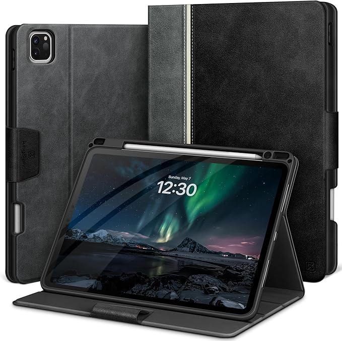 KingBlanc Case for iPad Pro 11 inch (M5 2025/M4 2024) with Pencil Holder, Vegan Leather Smart Stand Cover, Auto Sleep Wake, Support Pencil Pro/(USB-C), Viewing/Typing Angle, Durable Protection, Black