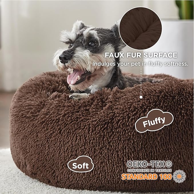 Bedsure Calming Dog Bed for Small Medium Dogs - Donut Washable Medium Pet Bed, 27 inches Anti-Slip Round Fluffy Plush Faux Fur Cat Bed, Coffee
