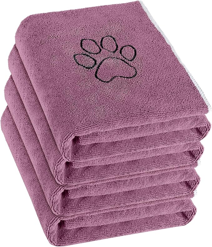 Chumia 4 Pack Dog Towels for Drying Large Microfiber Grooming Tools Absorbent Soft Bath Supplies with Embroidered Paw for Small Medium Pet Products(30 x 50 Inch,Purple)