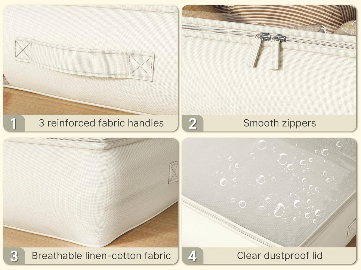 Soft-Sided Foldable Under bed Storage Bags with Window,No Rigid Frame Closet Organizers,Storage Containers for Blankets, Clothing, Comforter, Collapsible Fabric Design,4 Pack, White Ivory