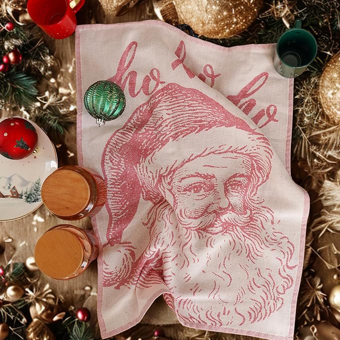 sea me at home Christmas Tea Towel Set of 4-100% Cotton Jacquard Kitchen Towels, Festive Dish Towels for Christmas Decor, Perfect Hostess Gift (Merry Christmas)