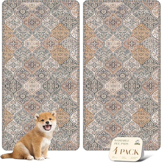 nunubaby 4PACK Washable Pee Pads for Dogs, Stylish, Non-Slip and Leak-Proof Pee Pads. Reusable Potty Pads for Dogs for Crates and Floors.(Brown/Multi, 24" x48")