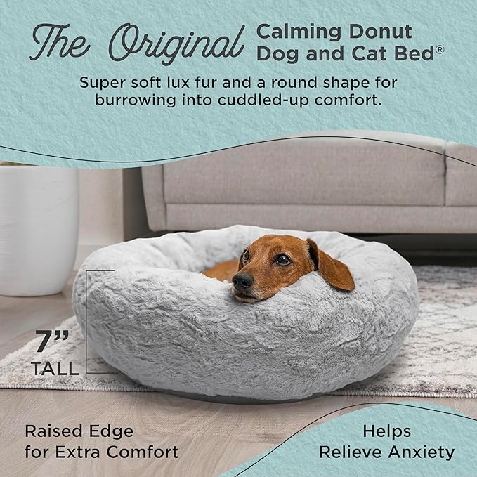 Best Friends by Sheri The Original Calming Donut Dog Bed – Washable Plush Pet Bed for Cats & Small Dogs up to 25 lbs, Lux Faux Fur, Gray, Small (23" x 23")