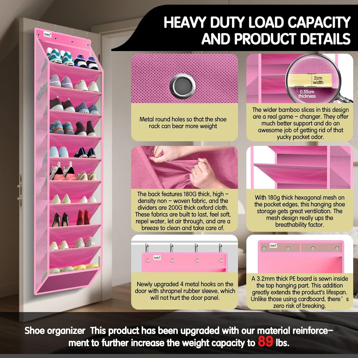 10 Tier Over The Door Organizer - Heavy Duty Hanging Storage Rack with Sturdy Oxford Fabric, Holds 20+ Pairs of Footwear, Boots & Sneakers, Saves 50% Closet Space! (Pink)