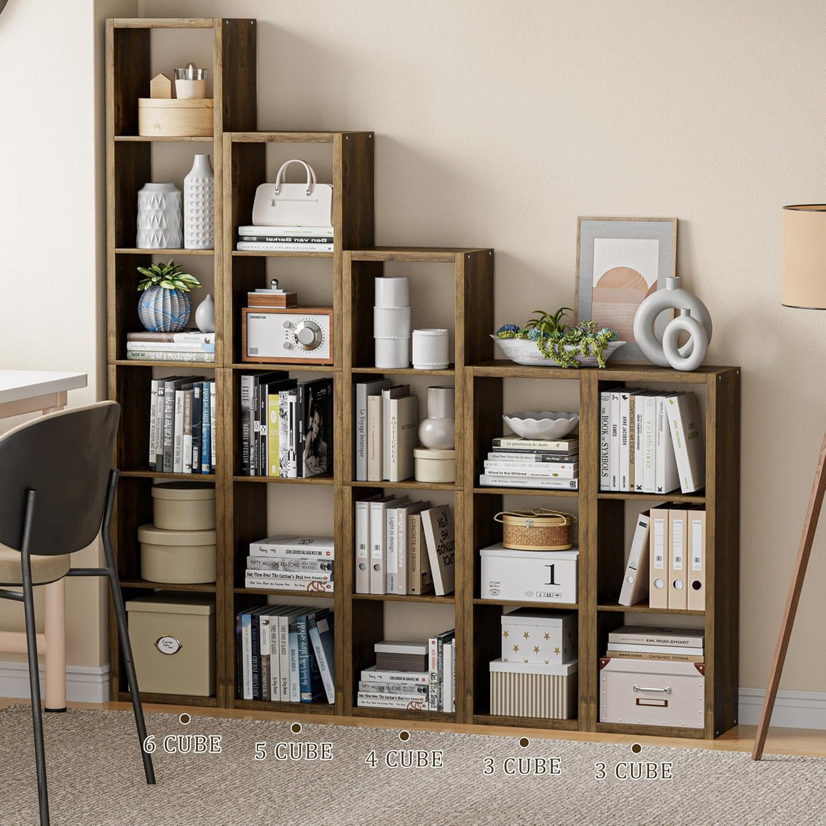 Cube Storage Organizer Bookcase, Small 4 Tier 11 inch Open Back Cubical Shelf with Thickened Border, Display Bookshelf for Living Room, Home Office, Sturdy Room (Brown, 4 Cube,Vertical)