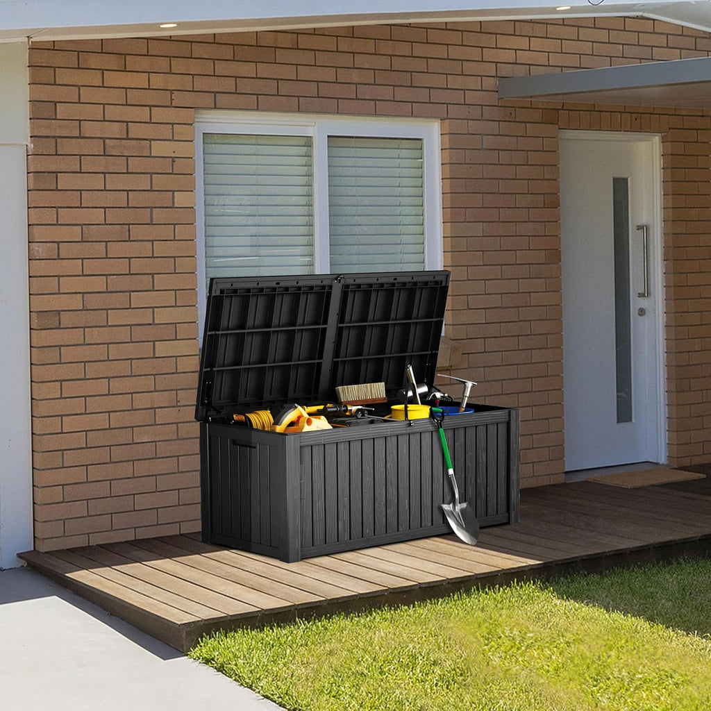 TARKARI 180 Gallon Lockable Resin Deck Box, Waterproof & UV-Resistant Outdoor Storage Box for Outdoor Cushion Storage, Garden Tools & Pool Accessories Storage, Black