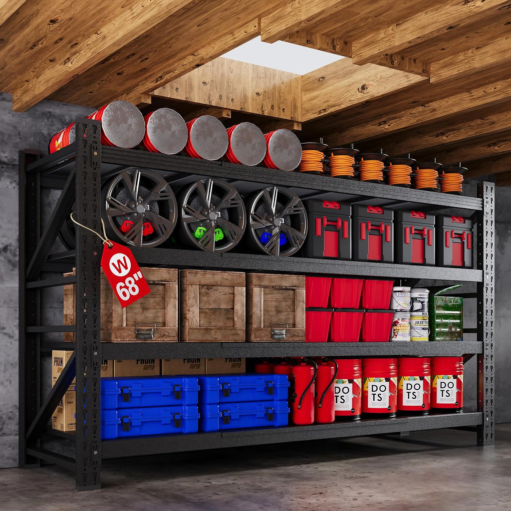 68” W Metal Shelf Heavy Duty, 8000LBS Metal Garage Shelving Units, 4 Tier Storage rack shelves, Steel Industrial Shelving , Adjustable Standing Shelf for Basement/Warehouse 68"W x 24"D x 64"H, Black