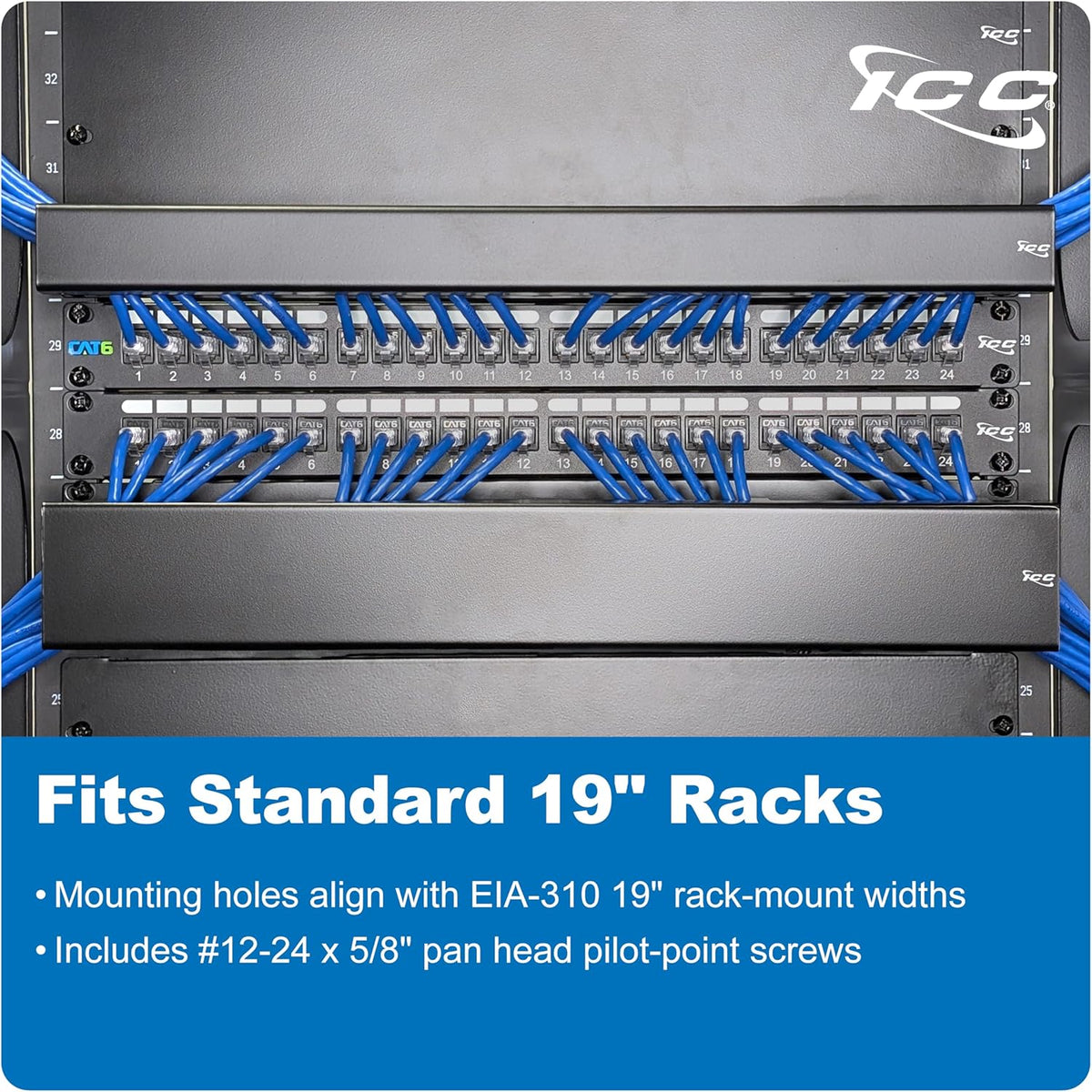 ICC 1U Ring Cable Manager Panel with Cover, Metal, 3" D-Rings, Horizontal Cable Management, Rackmount for 19” Network Racks, Black, Single Pack