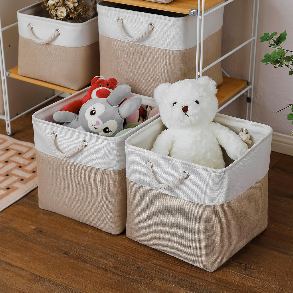 13 x 13 Inch Cube Storage Bins, 4 Pack Large Collapsible Fabric Storage Bin with Ropes, Foldable Storage Cubes for Home, Office,Closet, Clothes, Toys Organizer (White & Beige)