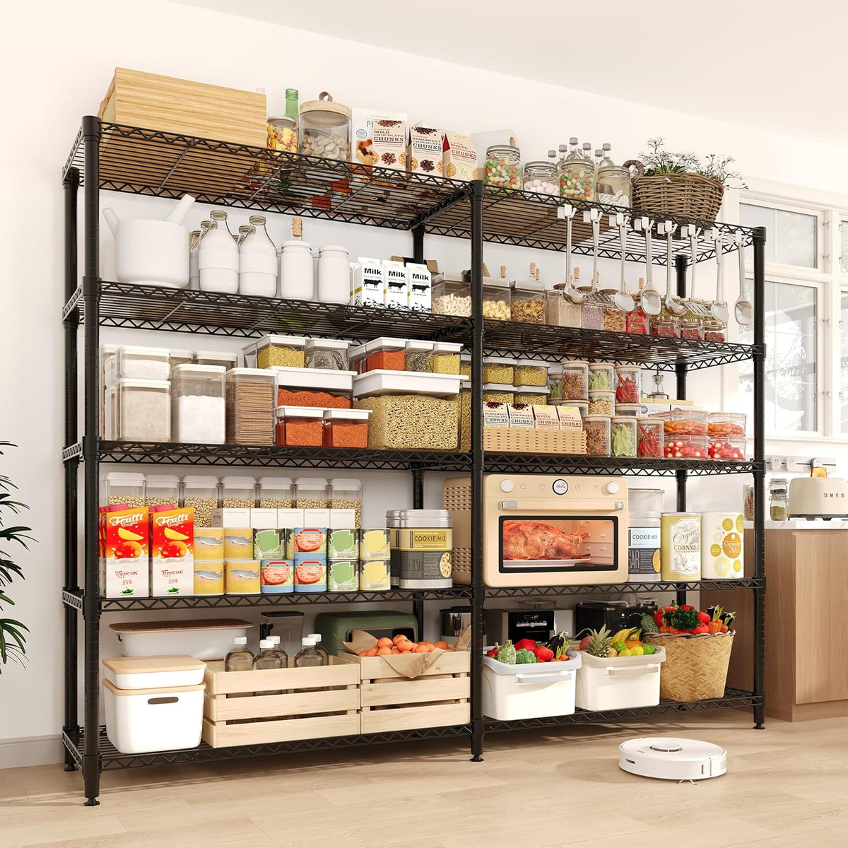 5-Tier Storage Shelving Unit Metal Shelves 59" W Wire Shelving, 70" H L-Shaped Pantry Shelves Kitchen Storage Shelves for Home Commercial Garage Heavy Duty, 70.5" H x 59" W x 13.8" D