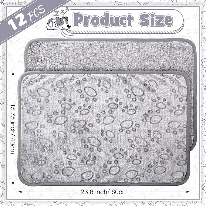 Tegeme 12 Pcs Pet Blankets Soft Fluffy Fleece Dog Cat Warm Paw Print Pattern Blankets Flannel Throw for Pets Dog Puppy Cat(23 x 16 Inch,Gray)