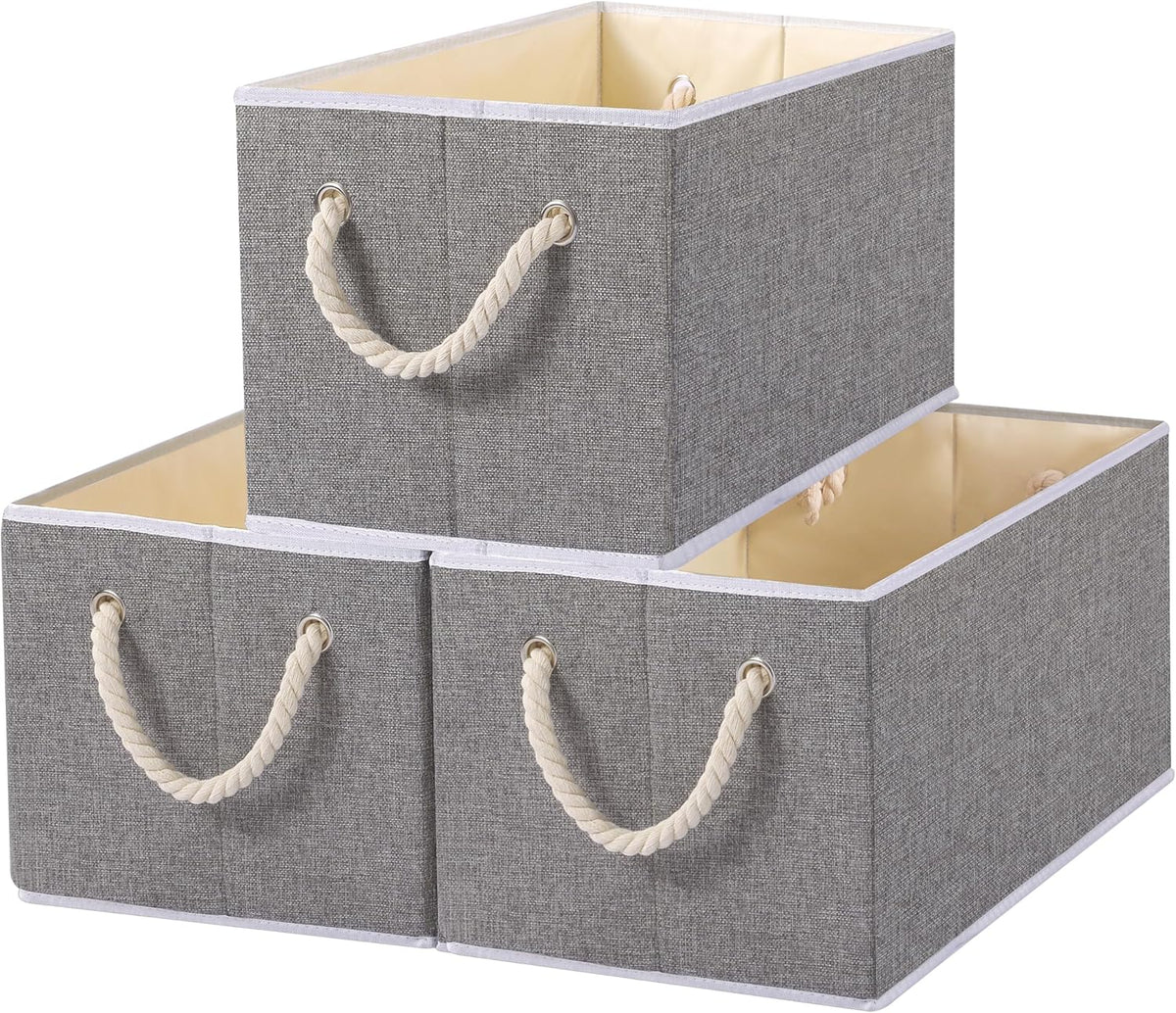 Yawinhe Collapsible Storage Bins 3-Pack, Large Fabric Baskets with Rope Handle, Organizers for Shelves, Closets, Clothes, 16.53''Lx11.81''Wx10.23''H, Grey