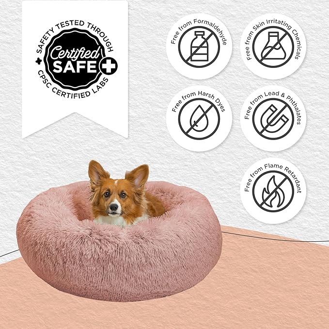 Best Friends by Sheri Original Calming Donut Dog and Cat Bed, Shag Faux Fur, Dusty Rose, (30in x 30in) - Anxiety Relief for Pets Up to 45 lbs