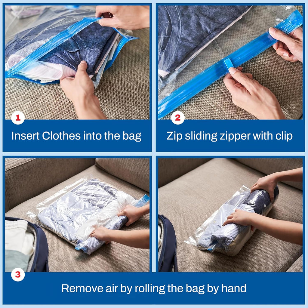 Spacesaver Roll Up Vacuum Storage Bags for Jackets, Suits, Dresses & Clothes – Sealed Compression Bags with Hand Pump – Space Saver Bags for Moving, Travel & Organization - Pack of 8