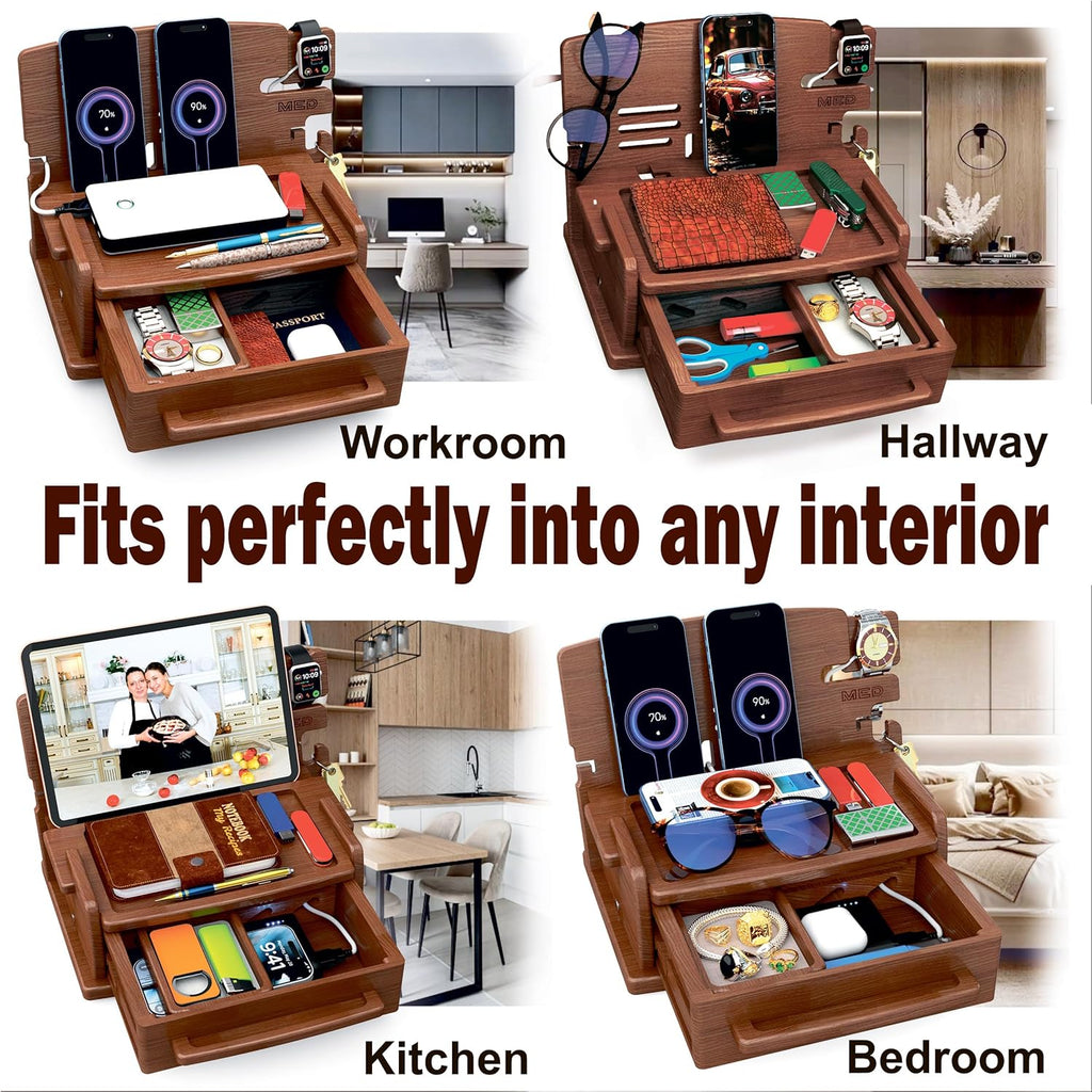 MED Wood Phone Docking Station – Nightstand Desk Organizer for Phone, Watch, Wallet & Tablet – Gift for Men, Husband, Dad & Women – Wooden Charging Stand (Dark Walnut, Model 3)