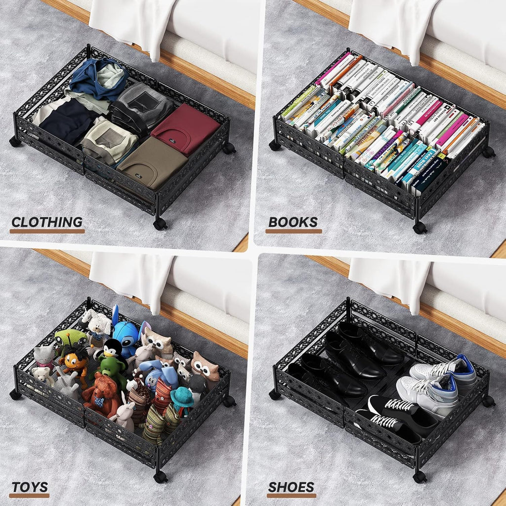 Under Bed Storage Containers with Wheels - Shoe Storage Organizer Drawer, Tool-free Assembly Metal Underbed Storage Containers for Bedroom Clothes, Shoes, Blankets - 2 Pack
