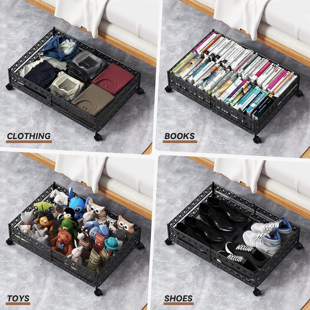 Under Bed Storage Containers with Wheels - Shoe Storage Organizer Drawer, Tool-free Assembly Metal Underbed Storage Containers for Bedroom Clothes, Shoes, Blankets - 2 Pack