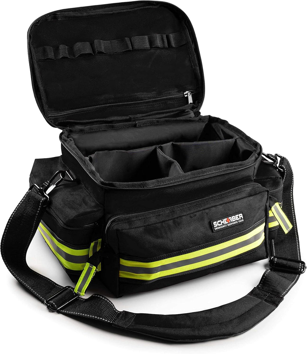 Scherber First Responder Fully-Stocked Professional Essentials EMT/EMS Trauma Kit | HSA/FSA Approved | Reflective Bag w/8 Zippered Pockets & Compartments & 200+ First Aid Supplies - Black