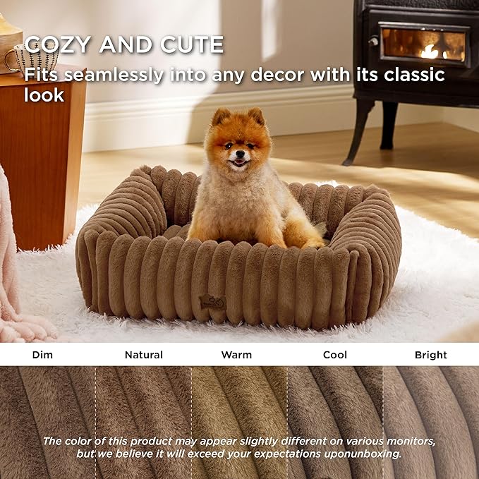 Bedsure Washable Dog Bed for Medium Dogs - Cute Furry Puppy Beds, Rectangle Orthopedic Corduroy Fleece Pet Beds with Removable Zipper Cover, 30x24x8inches, Camel Brown