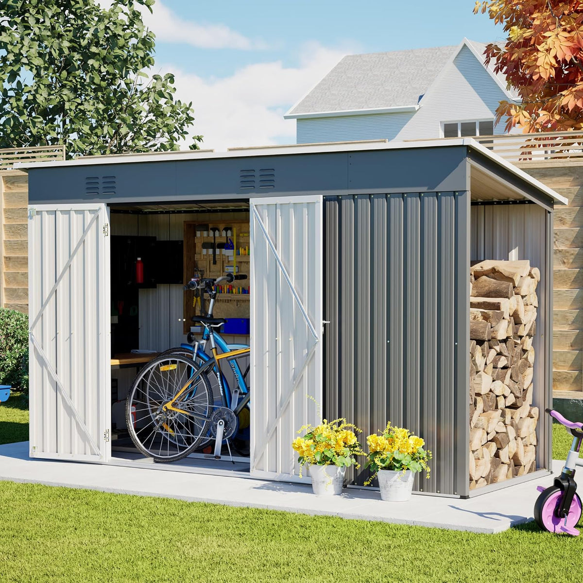 4'x10' Metal Shed Outdoor Storage Shed,Metal Steel Utility Tool Shed Storage House with Double Lockable Doors and Air Vent for Backyard Garden Patio Lawn Gray