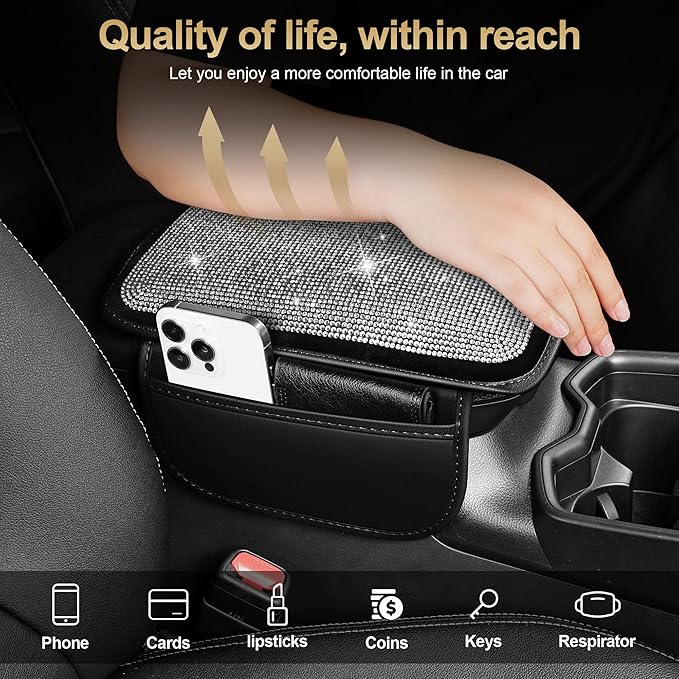 Center Console Cover Fit for Ridgeline: Upgraded Diamond Auto Middle Console Cover - Crystal Rhinestone Armrest Cover for Car with 2 Storage Bags,Anti-Scratch Auto Armrest Pad Accessory （Black
