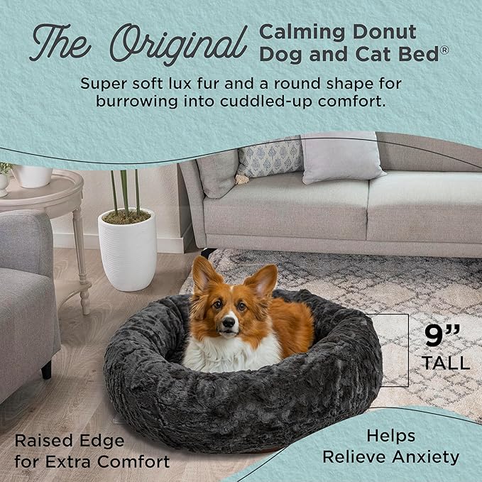 Best Friends by Sheri Original Calming Donut Dog and Cat Bed, Lux Faux Fur, Mink Dark Gray, (30in x 30in) - Anxiety Relief for Pets Up to 45 lbs