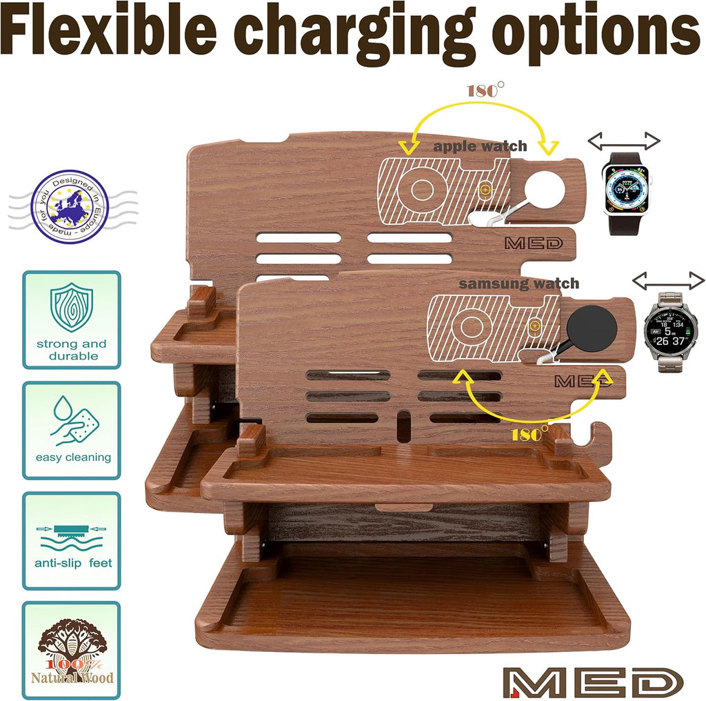 MED Wood Phone Docking Station – Nightstand Desk Organizer for Phone, Watch, Wallet & Tablet – Gift for Men, Husband, Dad & Women – Wooden Charging Stand, (Black, Model 2)