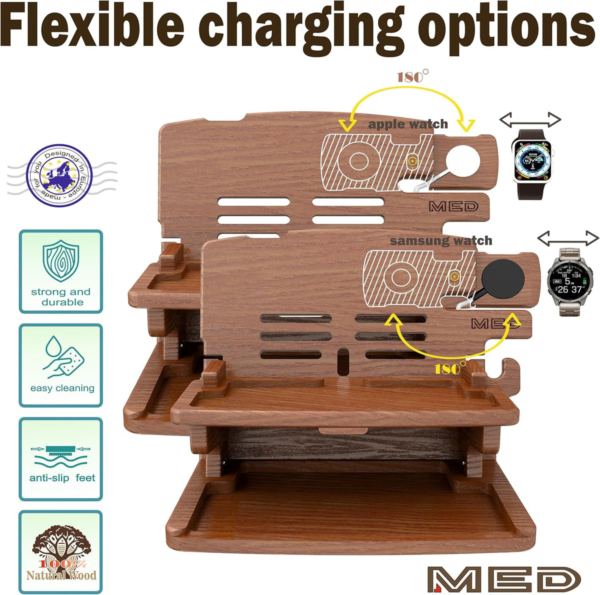 MED Wood Phone Docking Station – Nightstand Desk Organizer for Phone, Watch, Wallet & Tablet – Gift for Men, Husband, Dad & Women – Wooden Charging Stand, (Black, Model 2)