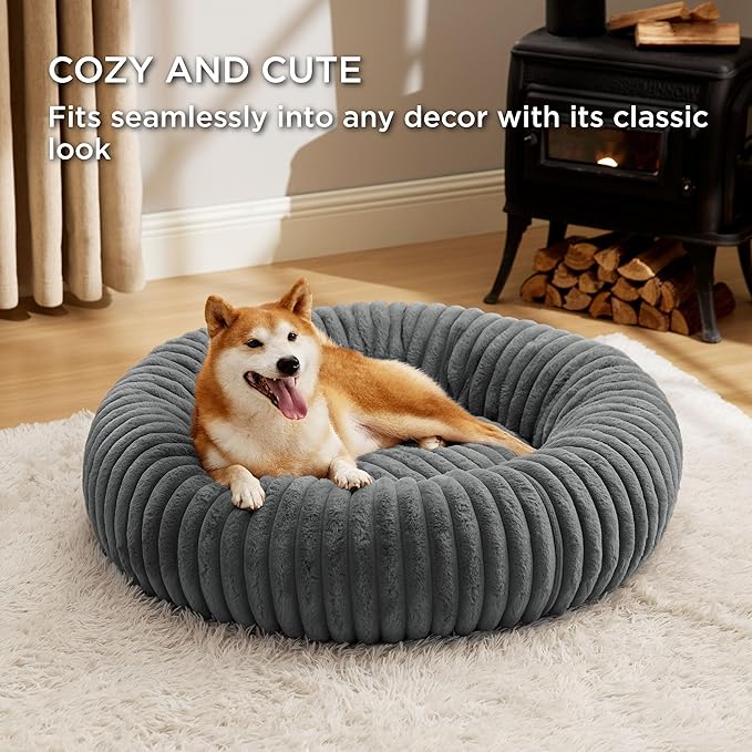 Bedsure Donut Large Dog Bed - Washable Faux Fur with Corduroy Fleece & Anti Slip Bottom, Round Pet Bed with Removable Cover, Warm Grey, 36x36x8 inches