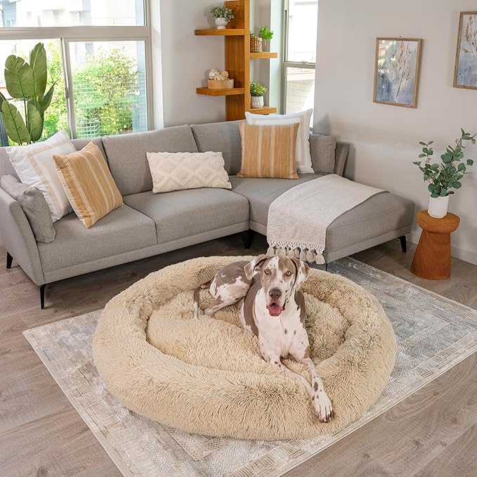 Best Friends by Sheri The Original Calming Donut Dog Bed – Washable Plush Pet Bed for XXL Breeds up to 210 lbs, Shag Faux Fur, Taupe, XXL (54" x 54")