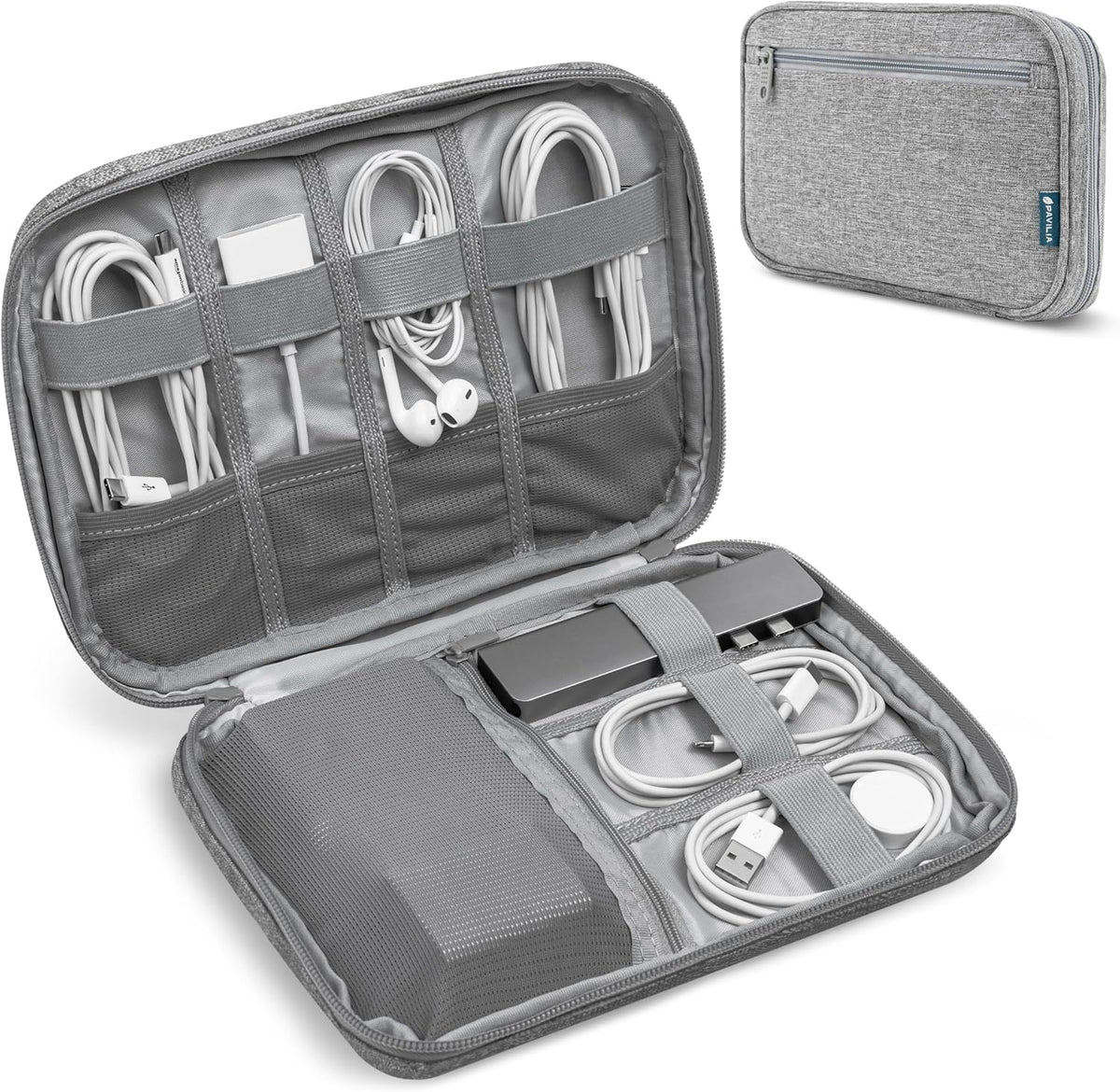 Pavilia Tech Organizer Case - Cable & Charger Storage, Travel Accessories for Men, Gray