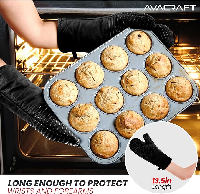 AVACRAFT Oven Mitts Pair, Black - Flexible, 100% Cotton with Unique Heat Resistant Food Grade Silicone, Thick Terry Cloth Interior, 500 F Heat Resistant