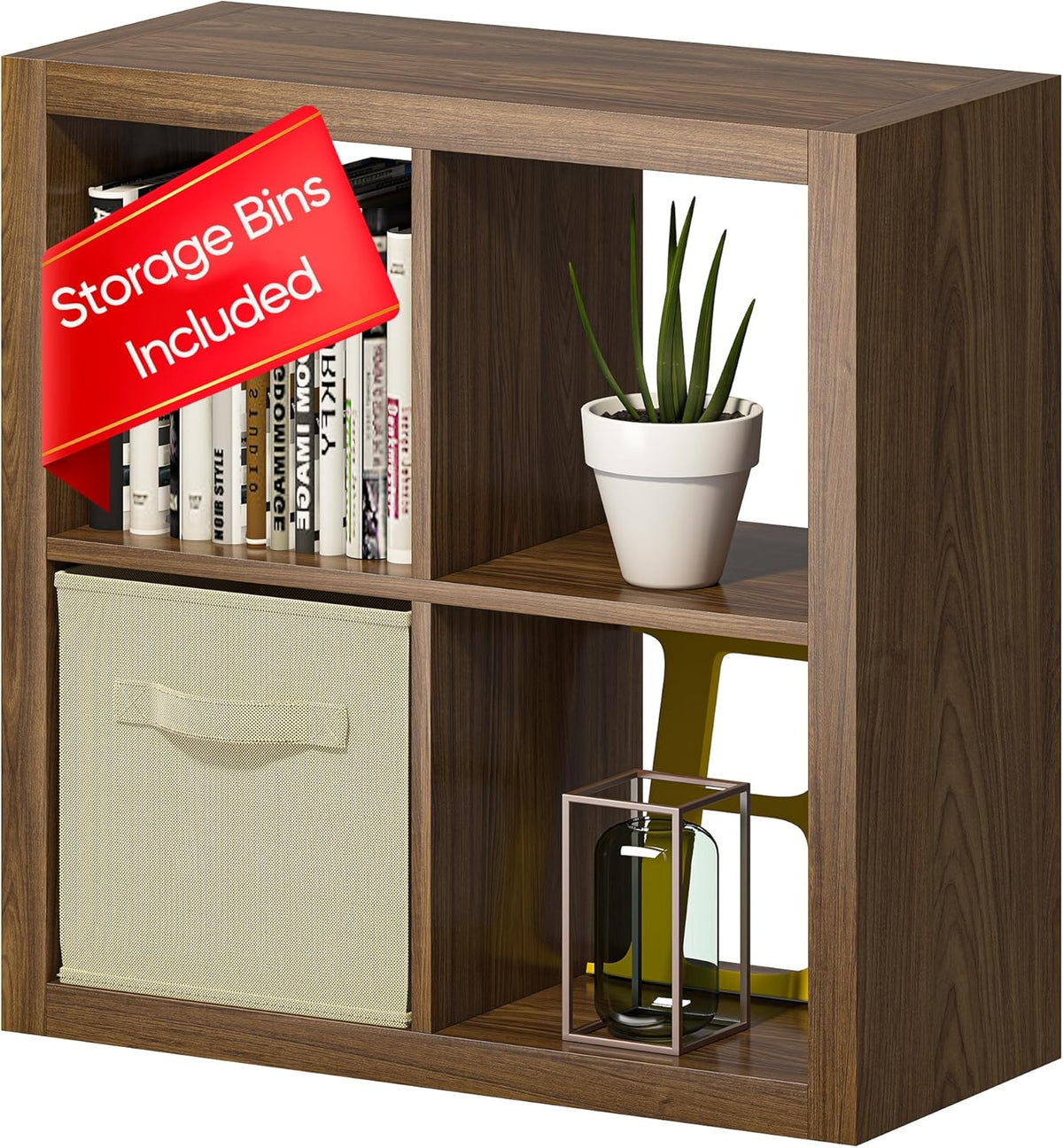 Bookshelf with Storage Bin, 4-Cube Storage Organizer, Modern Wood Open Bookcase, Multifunctional Display Shelf for Living Room, Bedroom, Home Office, Classic Oak