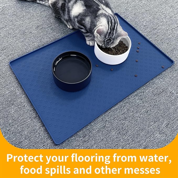Ptlom Silicone Pet Placemat for Dog and Cat, Waterproof Non-Slip Pet Feeding Bowl Mats for Food and Water, Small Medium Large Tray Mat Prevent Residues from Spilling to Floor, Navy Blue, 24.5" 16.5"
