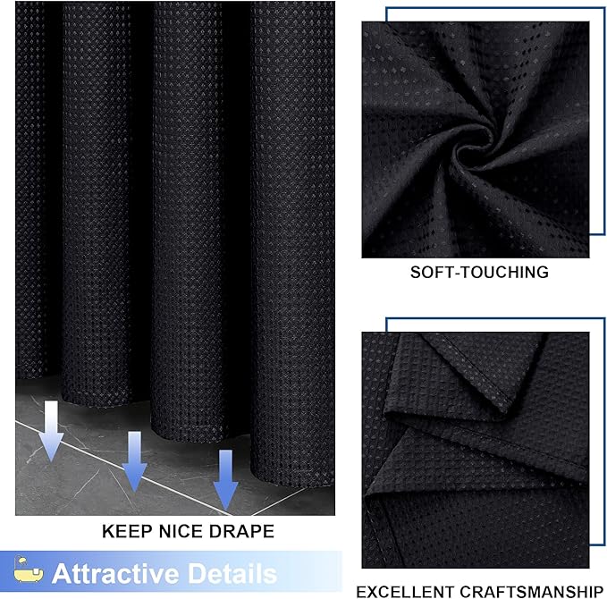 OVZME Extra Long Shower Curtain Set- 96 Inch Long Waffle Weave Heavy Duty Fabric Shower Curtains for Bathroom, Luxury Heavy Duty Thick Cloth Shower Curtain with 12 Plastic Hooks, 72x96, Black