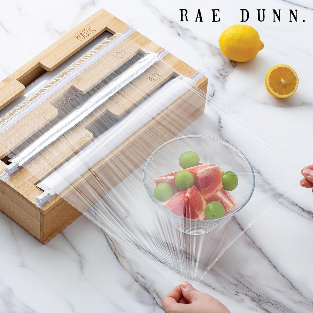 Rae Dunn Bamboo Bag Organizer for Kitchen Drawer - Durable Wood Organizer for Kitchen Storage - Holds Gallon, Quart, Snack, Sandwich Size Baggies, Plastic Wrap and Foil