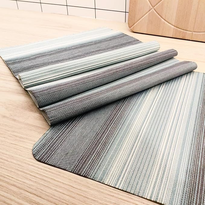 Green Stripes Table Cloth Set - Placemats Set of 4 & 6, Washable Textile Mats 12"x18"