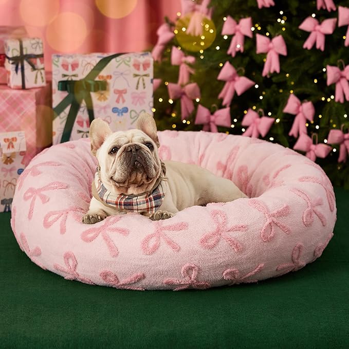 LE SURE Shown on TV Donut Medium Dog Bed - Round Cat Beds for Indoor Calming Bed Gift for Pets, Home Decor Cute Modern Beds with Jacquard Shaggy Plush & Anti Slip Bottom, 30 Inch, Pink Taffy